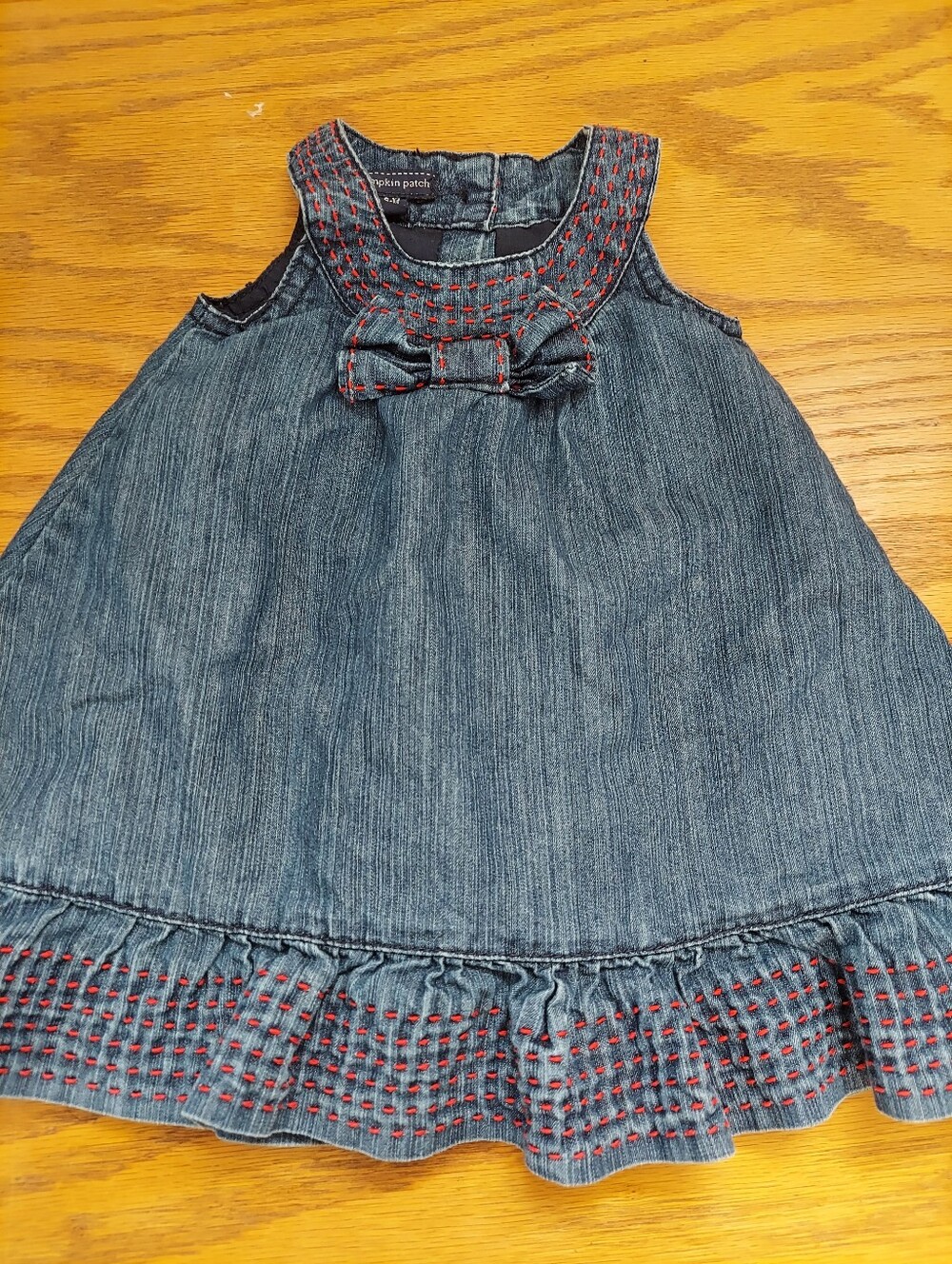 Pumpkin Patch Sleeveless Denim Dress with Red Stitching Bow Sz 6-12 Months Lined